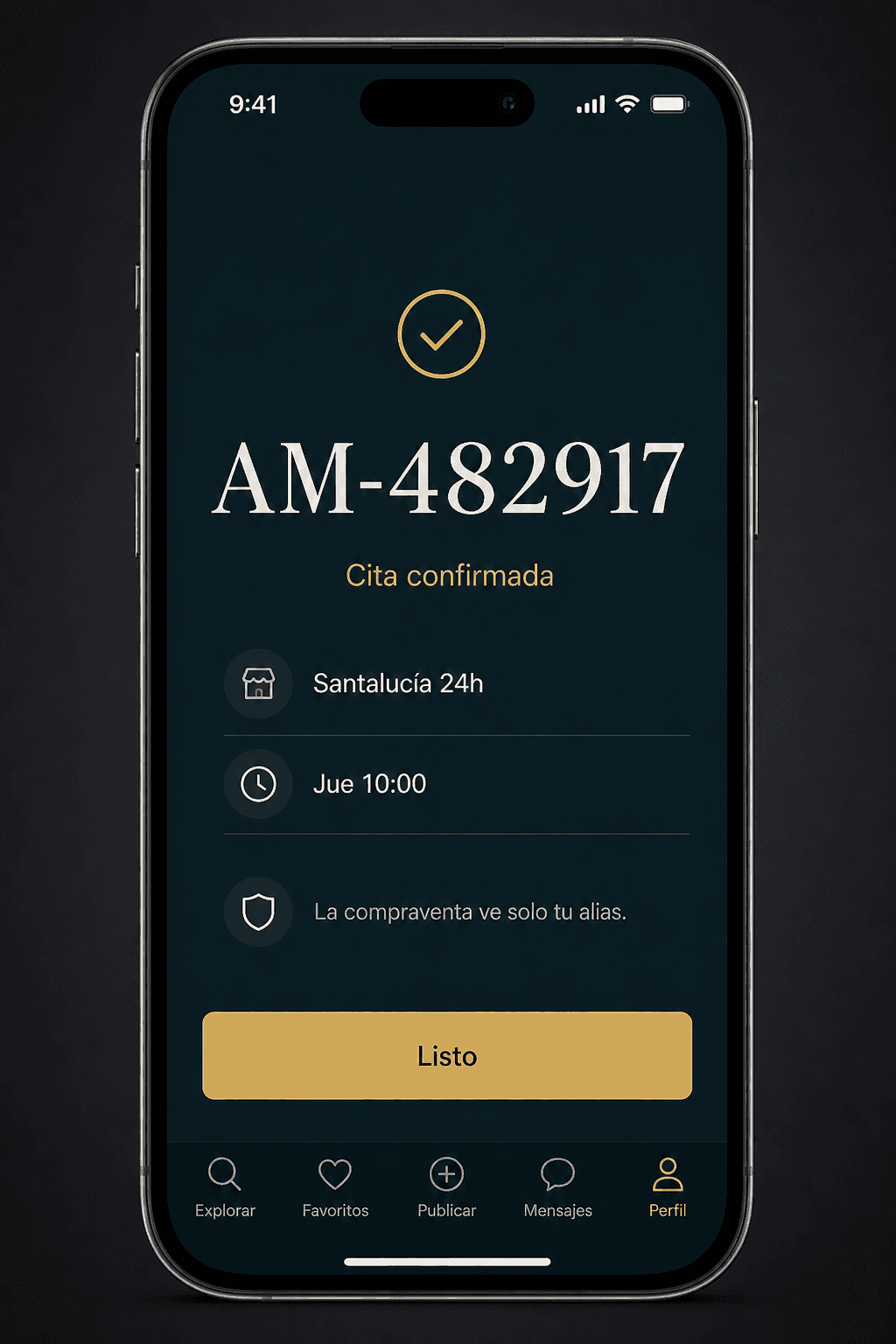 Pantalla de cita confirmada con código AM