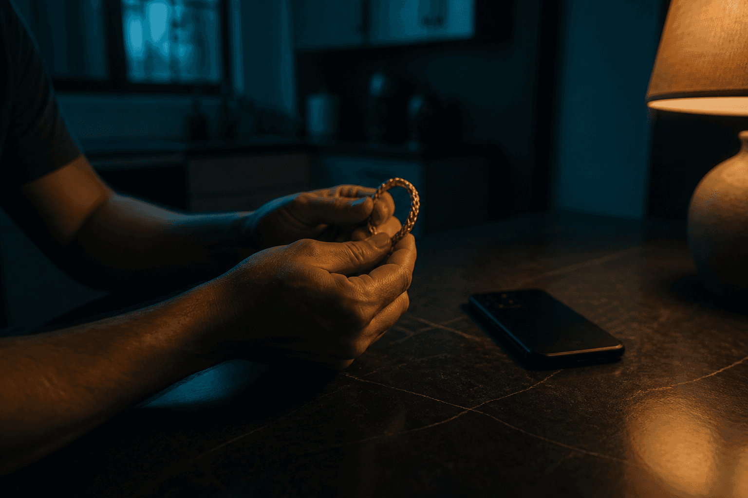 Manos sosteniendo una pulsera de oro en una mesa de cocina de noche