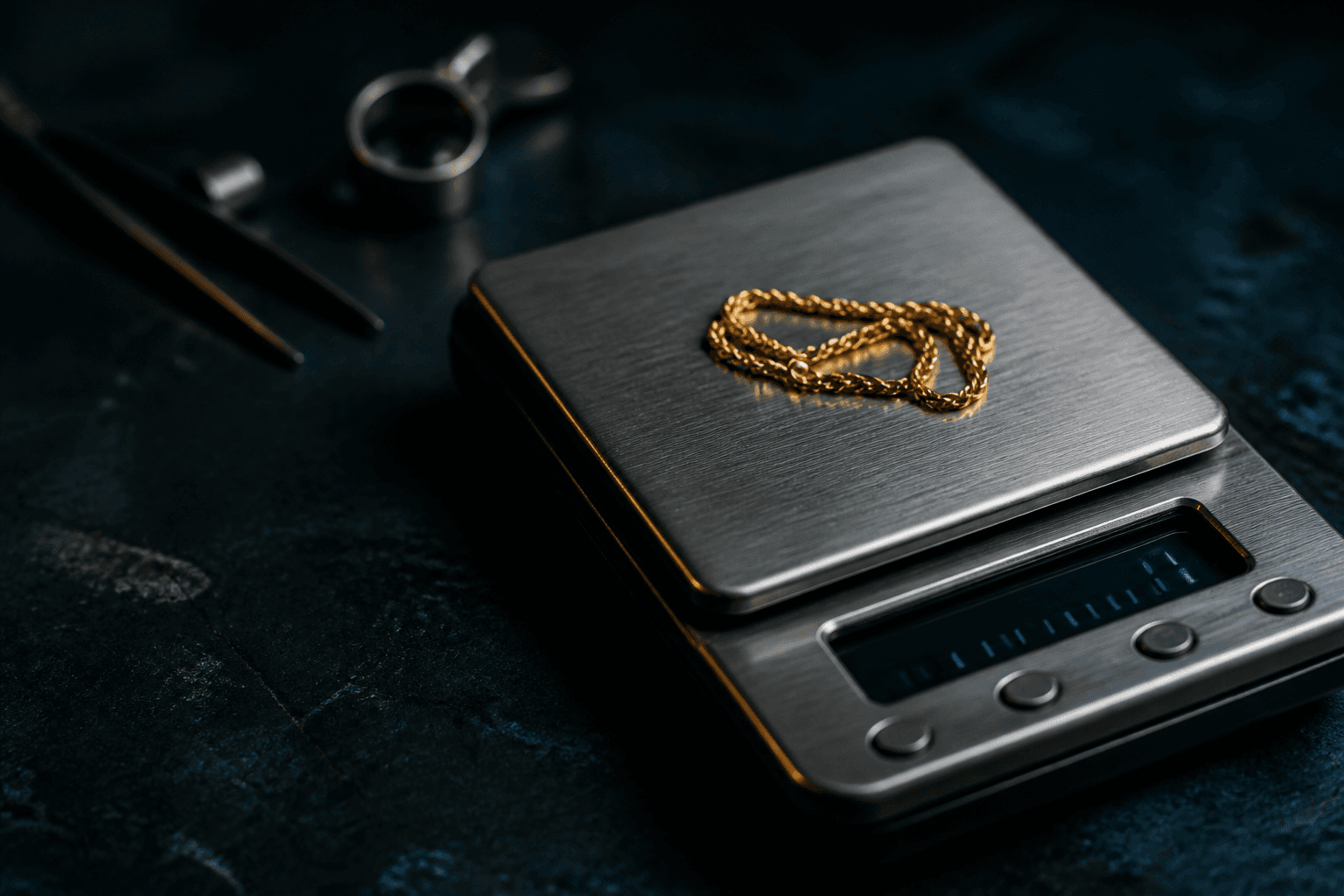 Balanza de joyería con una cadena de oro